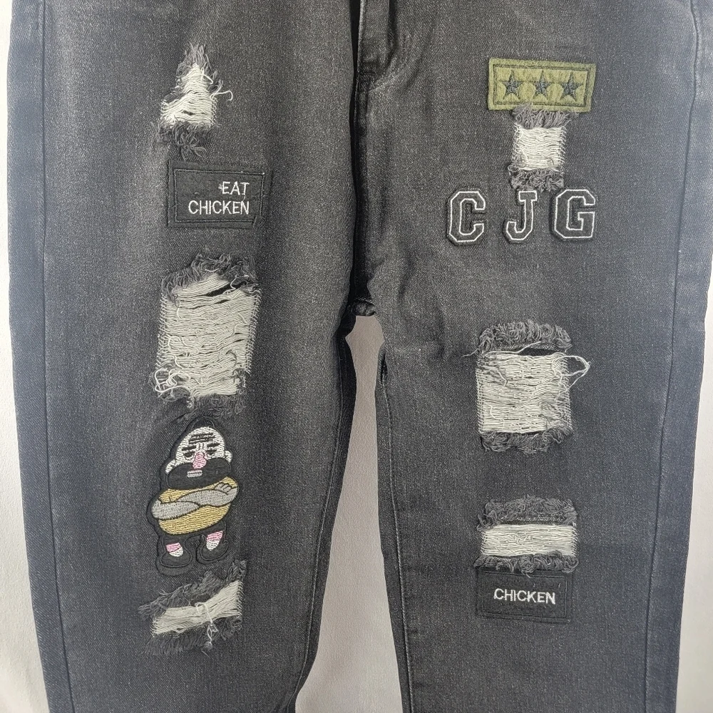NIB skinny ripped hip hop black denim‎ jeans patches embroidery size Med